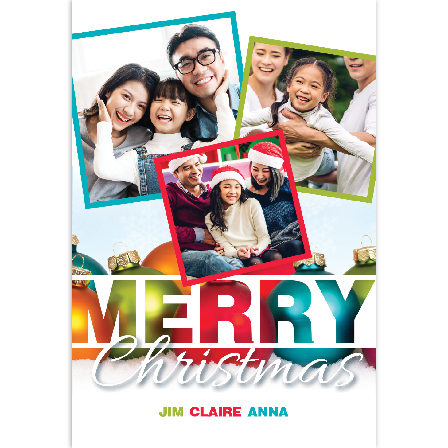 Christmas Card with several photos of smiling family and colorful ornaments