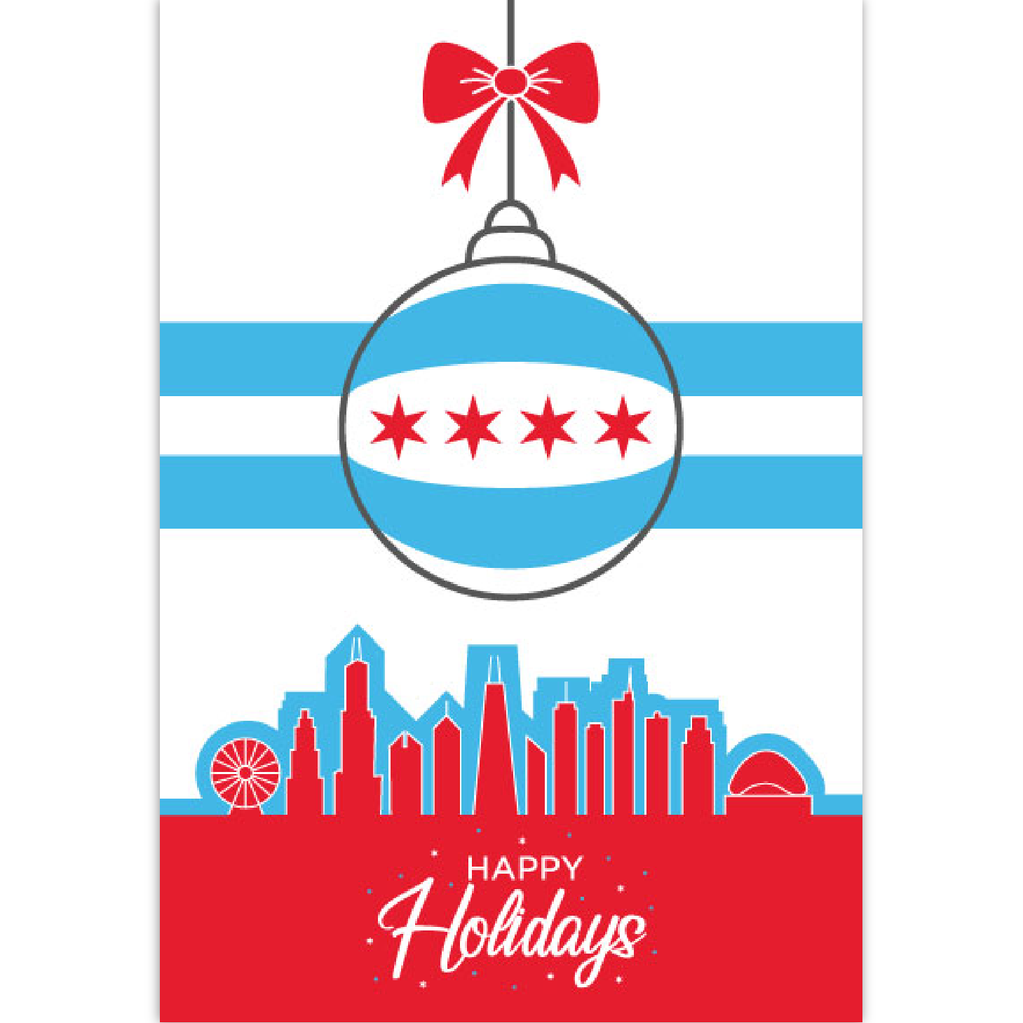 Christmas card with Chicago flag ornament in front on Chicago skyline