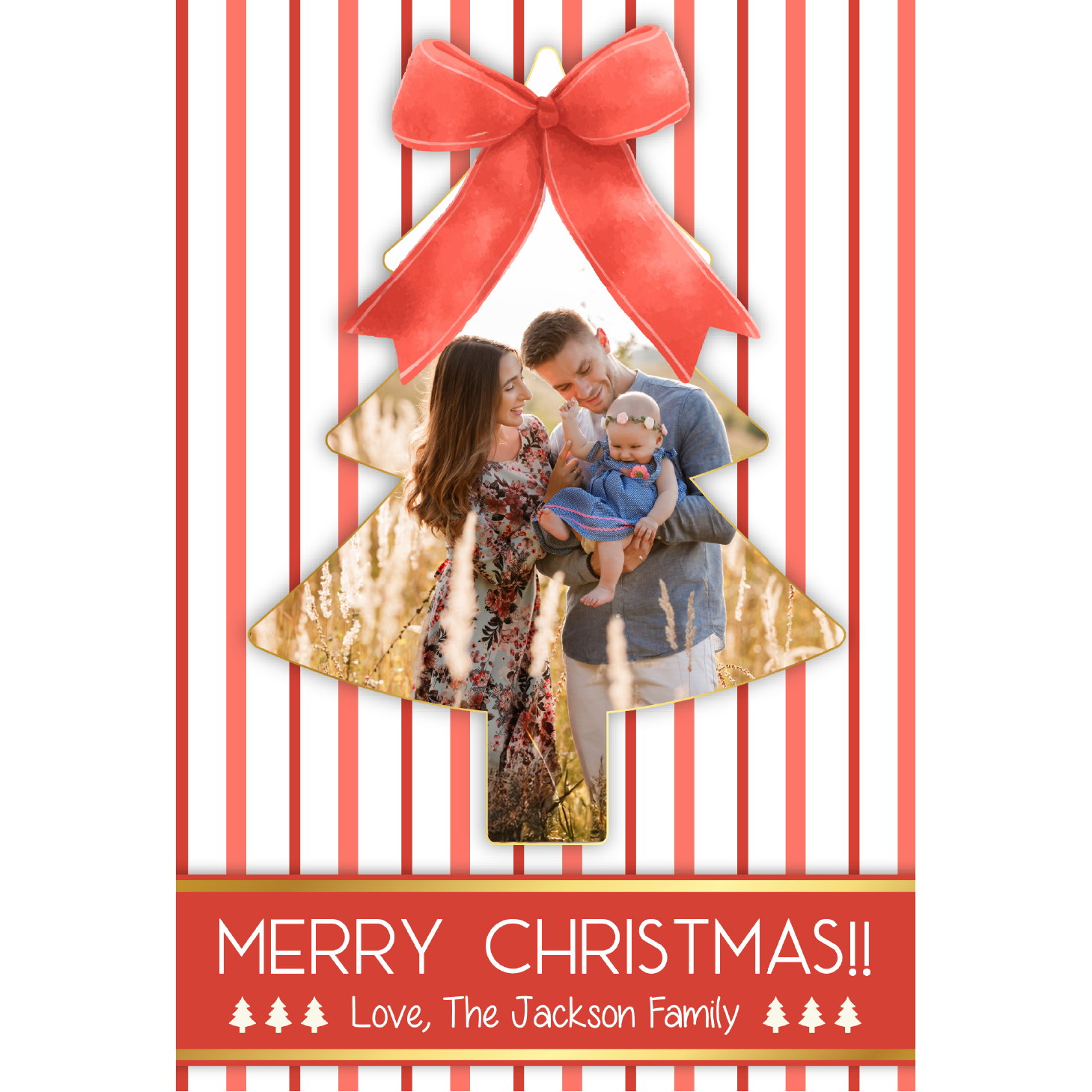 Christmas card with family photo in tree shape on striped background