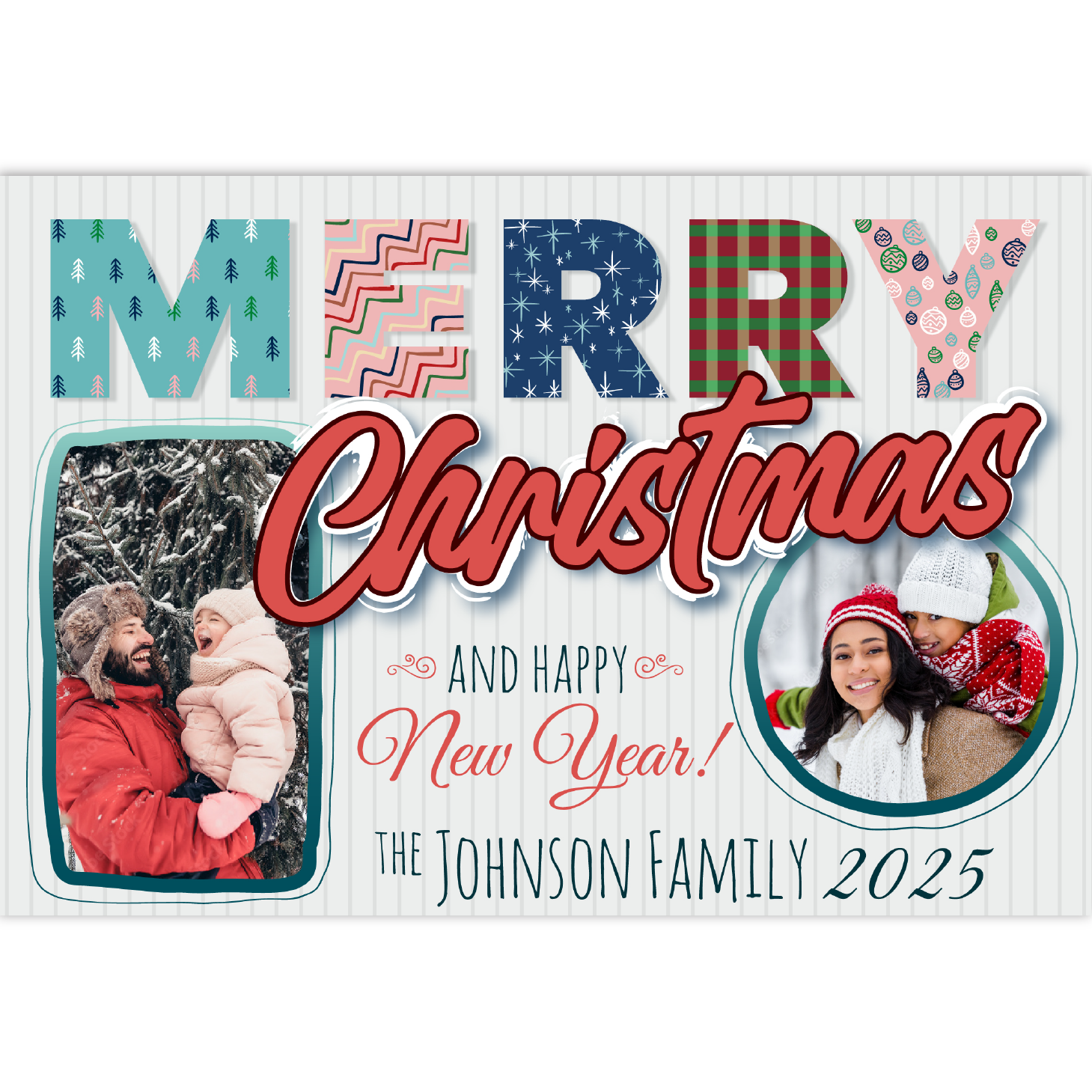 Christmas card with colorful patterned text and two family photos