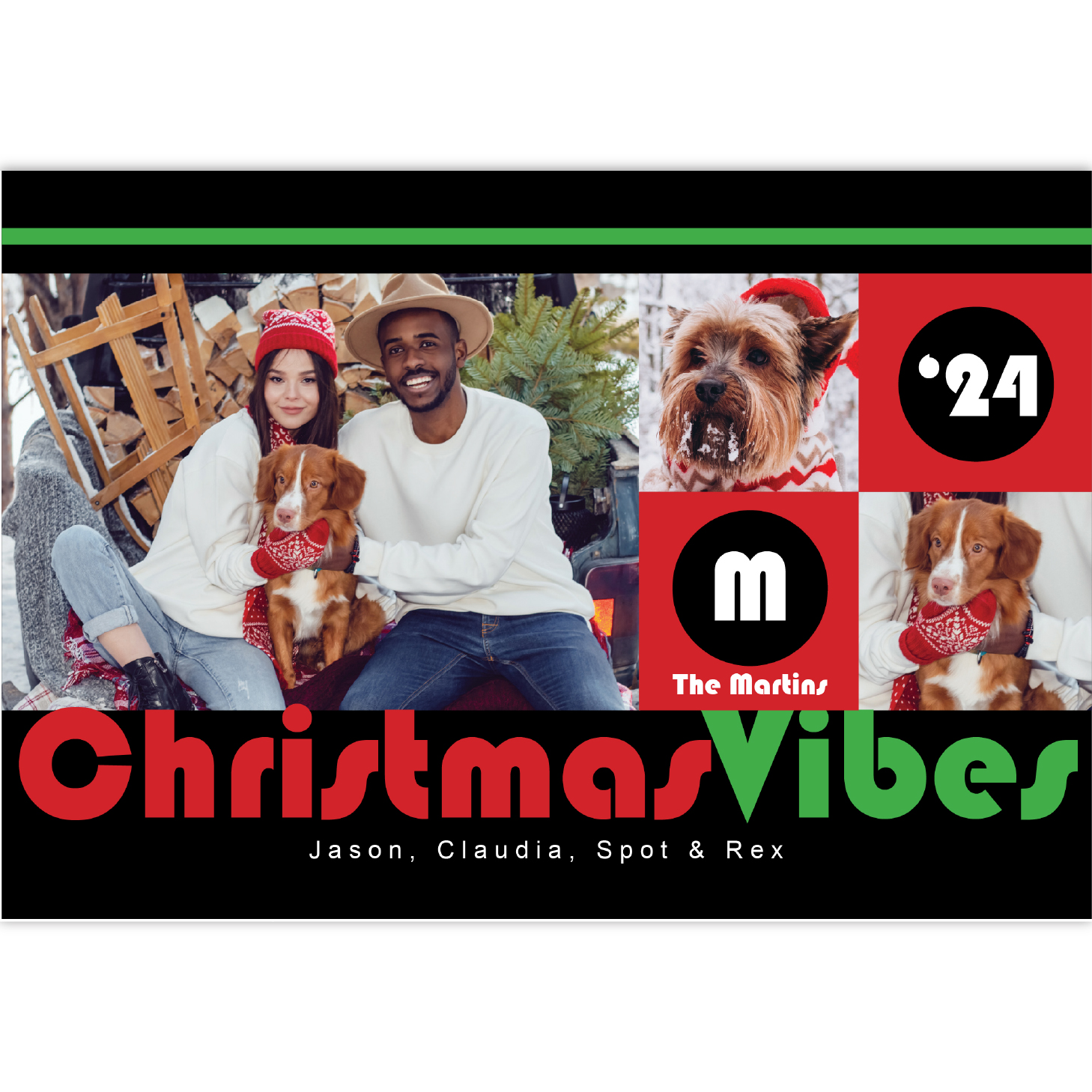 Christmas card with red and green text on black background