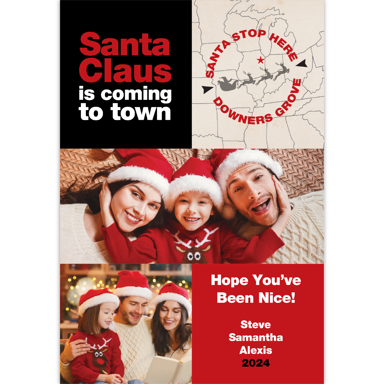 Christmas Card with several photos of smiling family and map