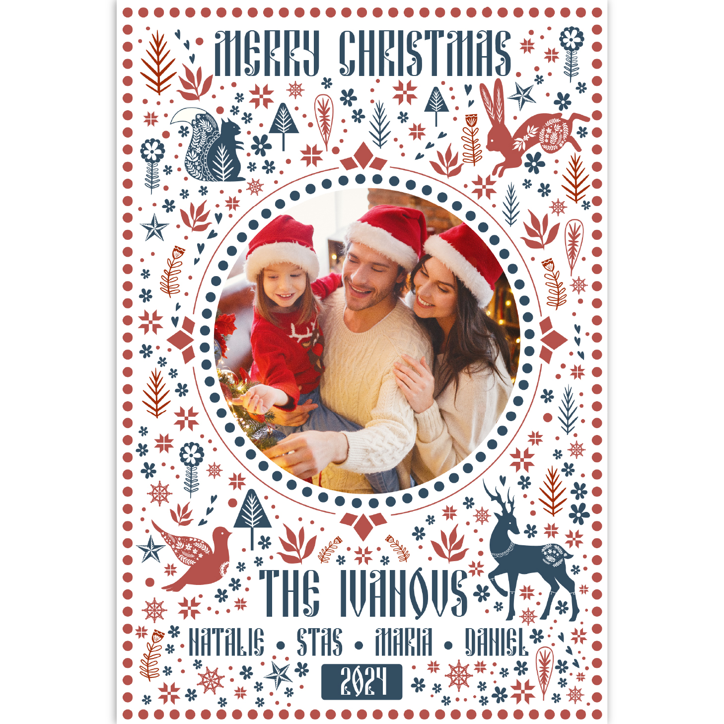 Christmas card with blue and red pattern on white background