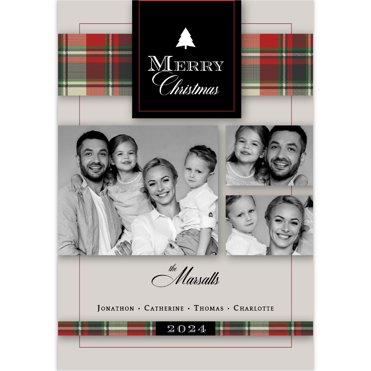 Christmas Card with several photos of smiling family and plaid borders