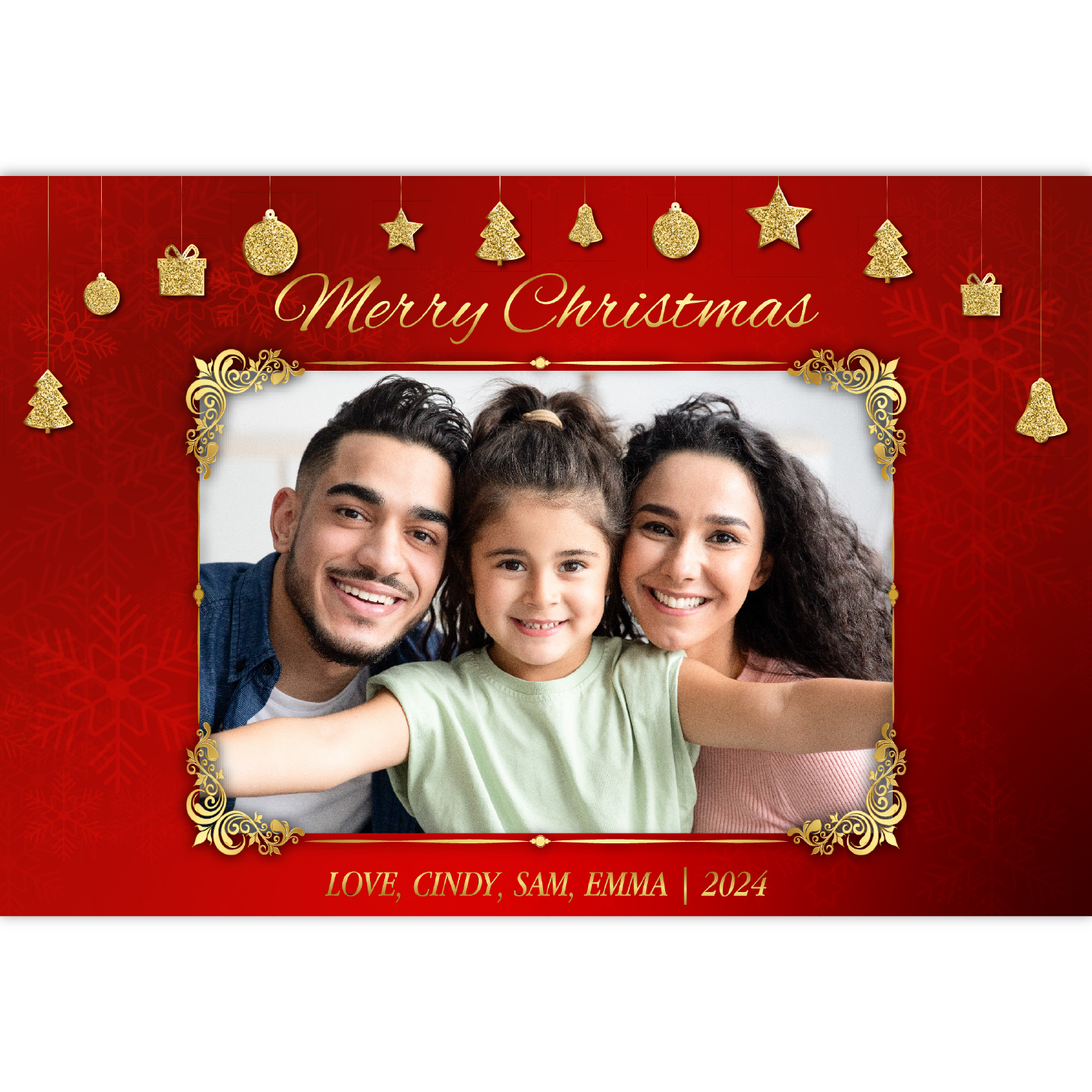 Christmas card with gold accents on red background
