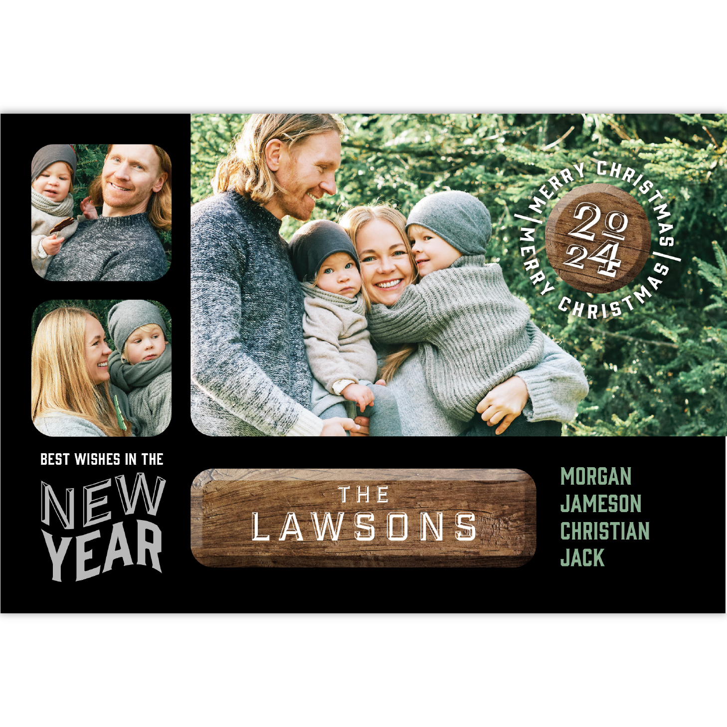 Christmas Card with several photos of smiling family on black background