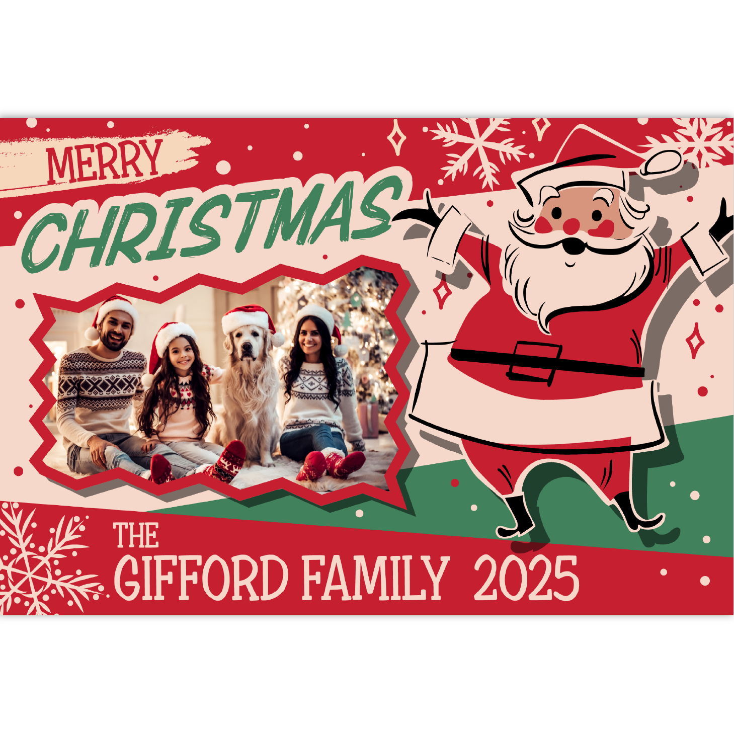 Christmas card with family photo and cute cartoon Santa