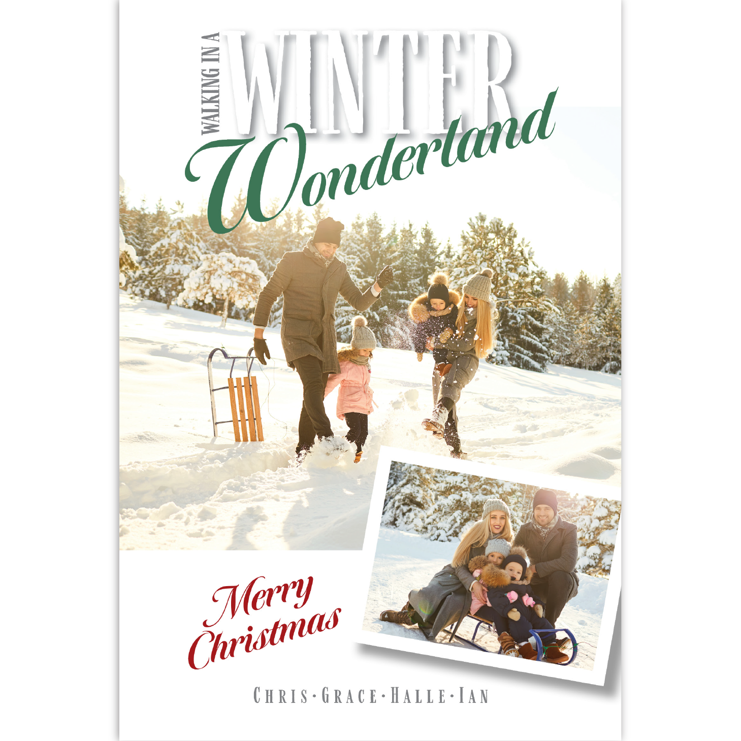 Christmas card with happy family playing in the snow
