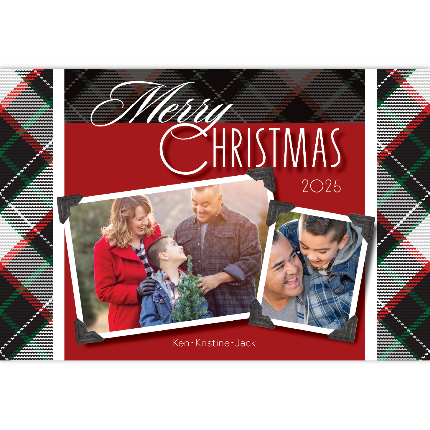 Christmas card with family photo on black and red plaid background