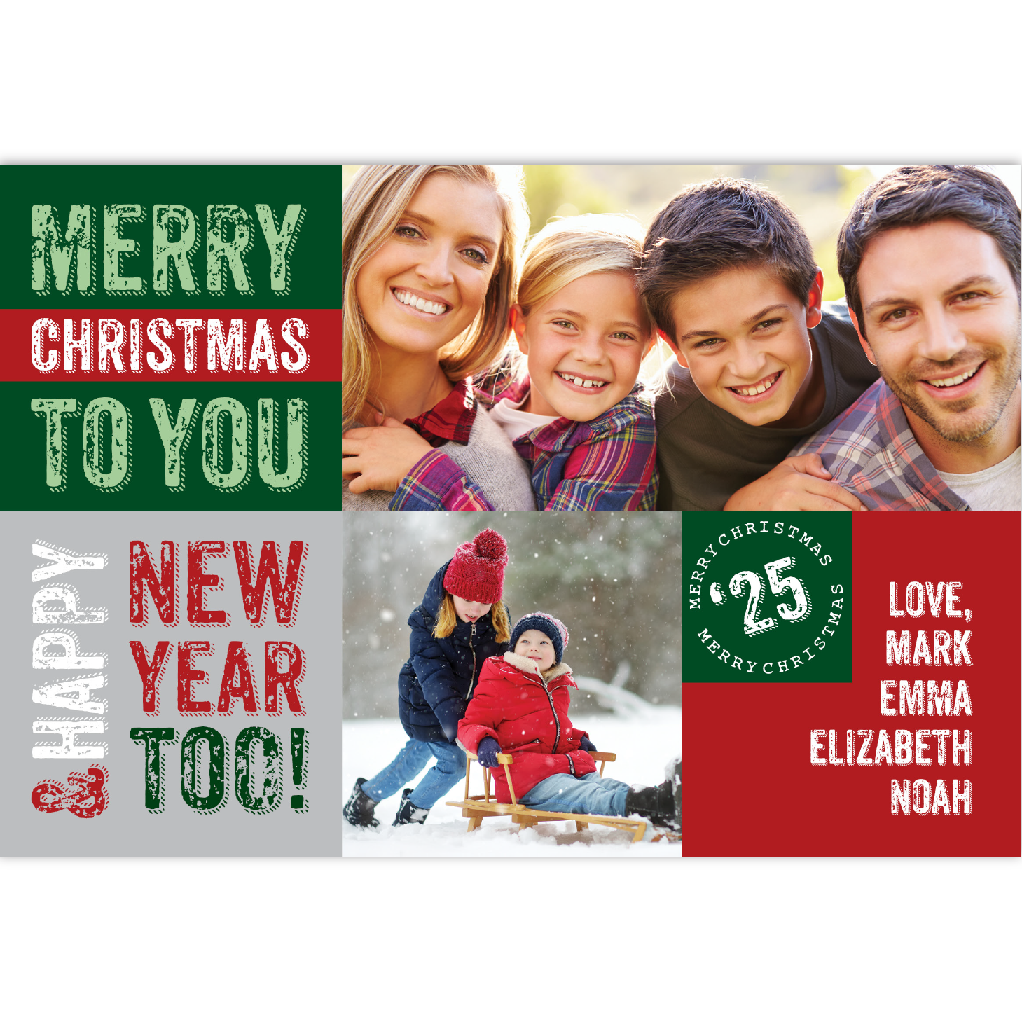 Christmas card with family photos with red, green and gray blocks