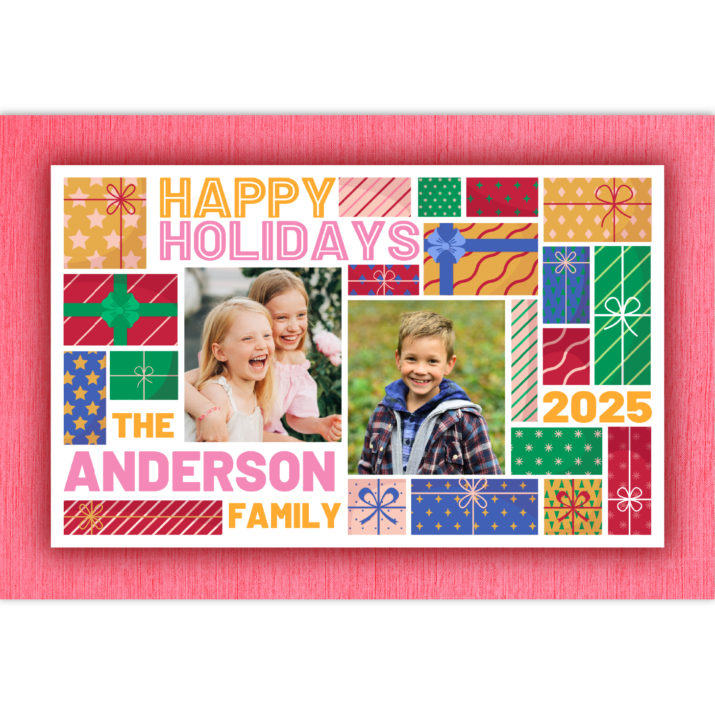Christmas Card with several photos of smiling children and colorful gifts