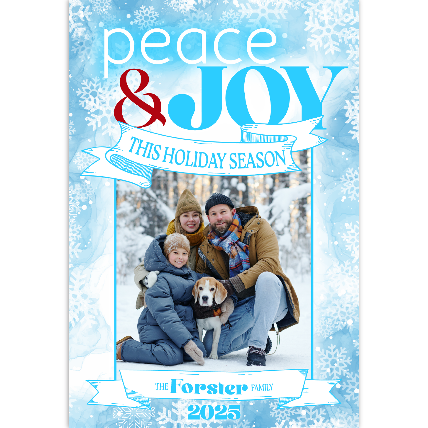 Christmas card with family photo on wintry blue background