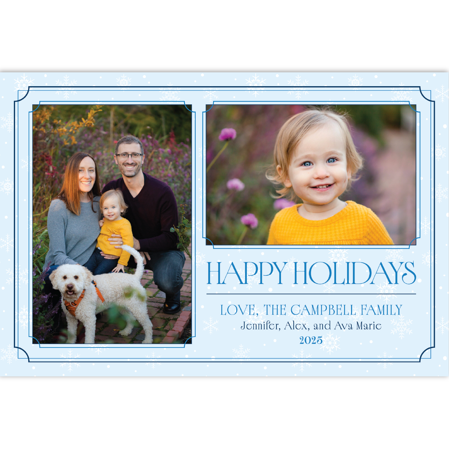 Christmas card with family photos on pale blue background