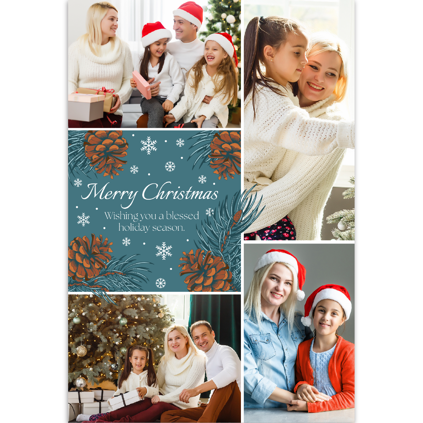 Christmas Card with several photos of smiling family and pinecone illustrations