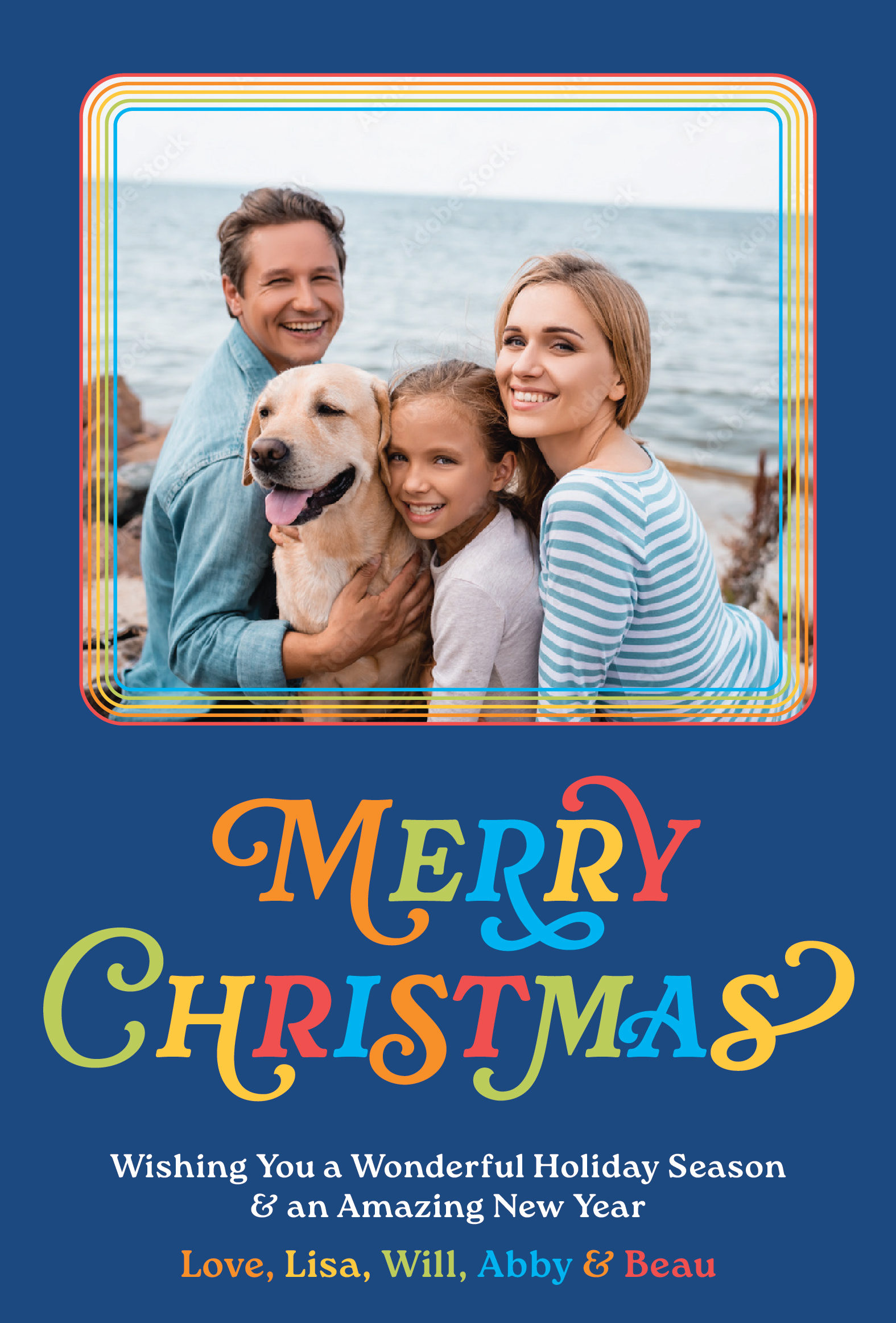 Christmas card with colorful text on blue background