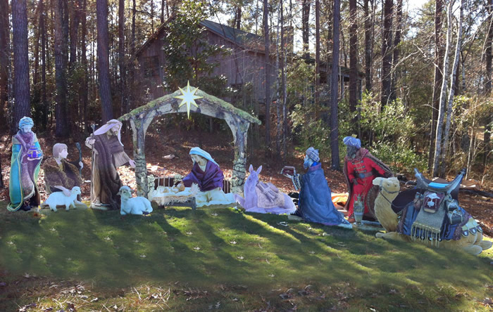 Outdoor Nativity scene in a wooded setting