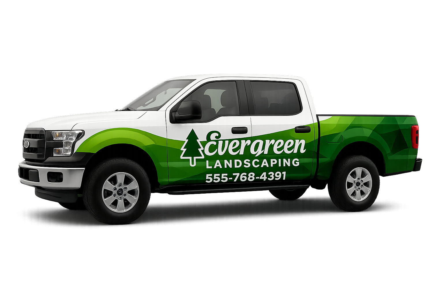 Green and white vinyl designed landscaping truck
