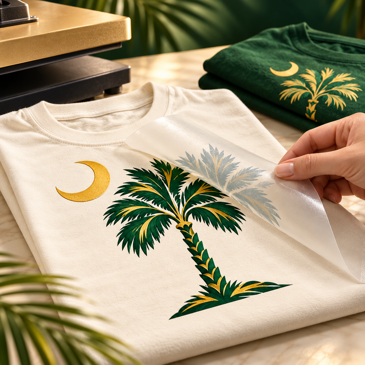 Custom DTF printed apparel with Palmetto designs in forest green and gold