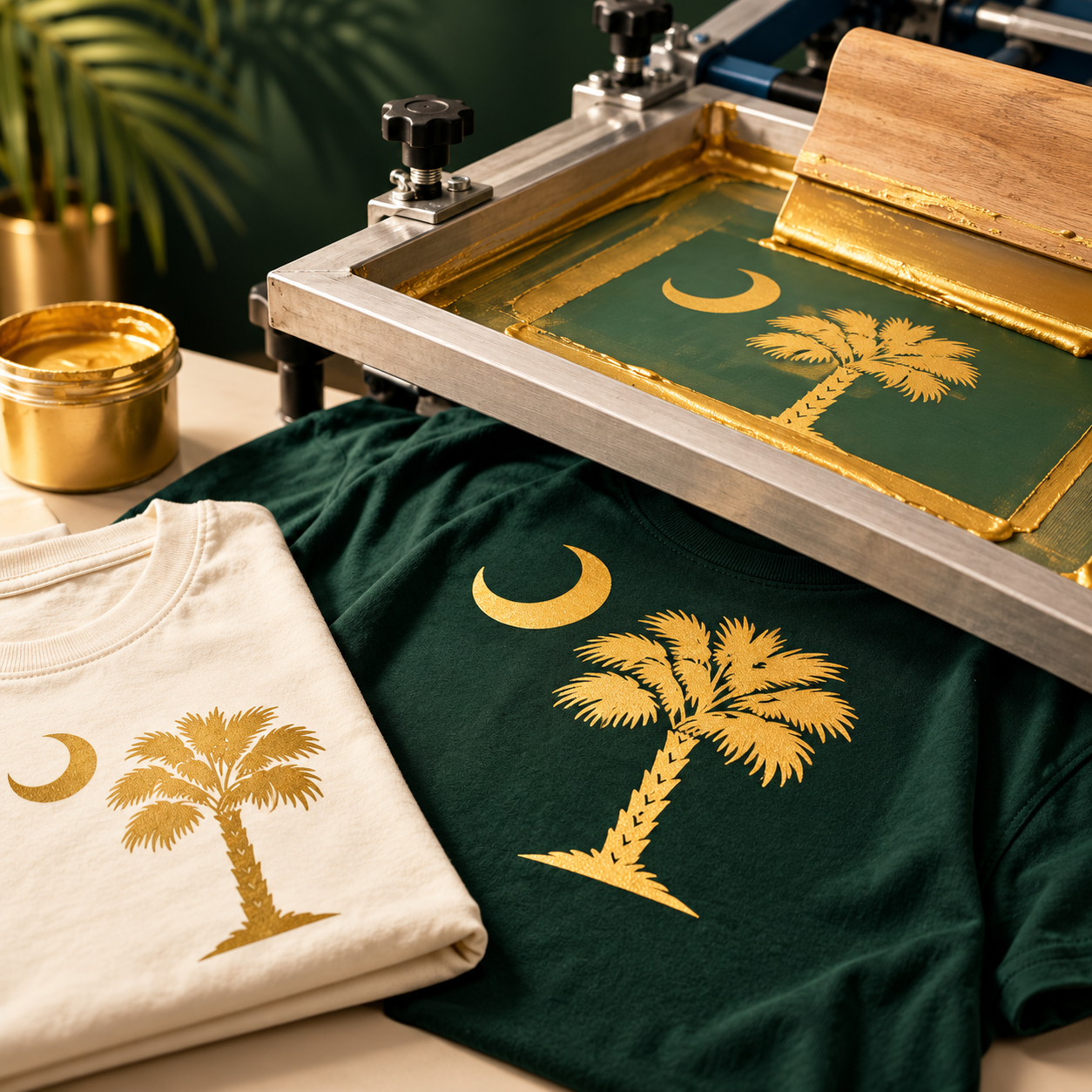 Custom screen printed apparel with Palmetto designs in forest green and gold