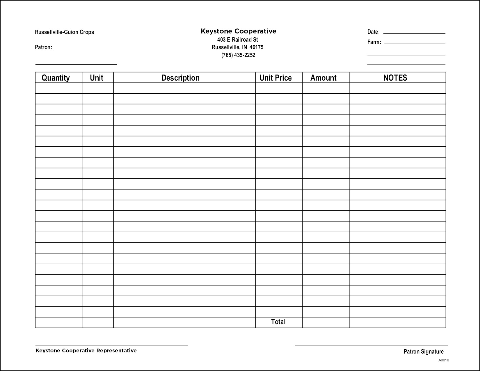 A0010 Russellville Booking Order