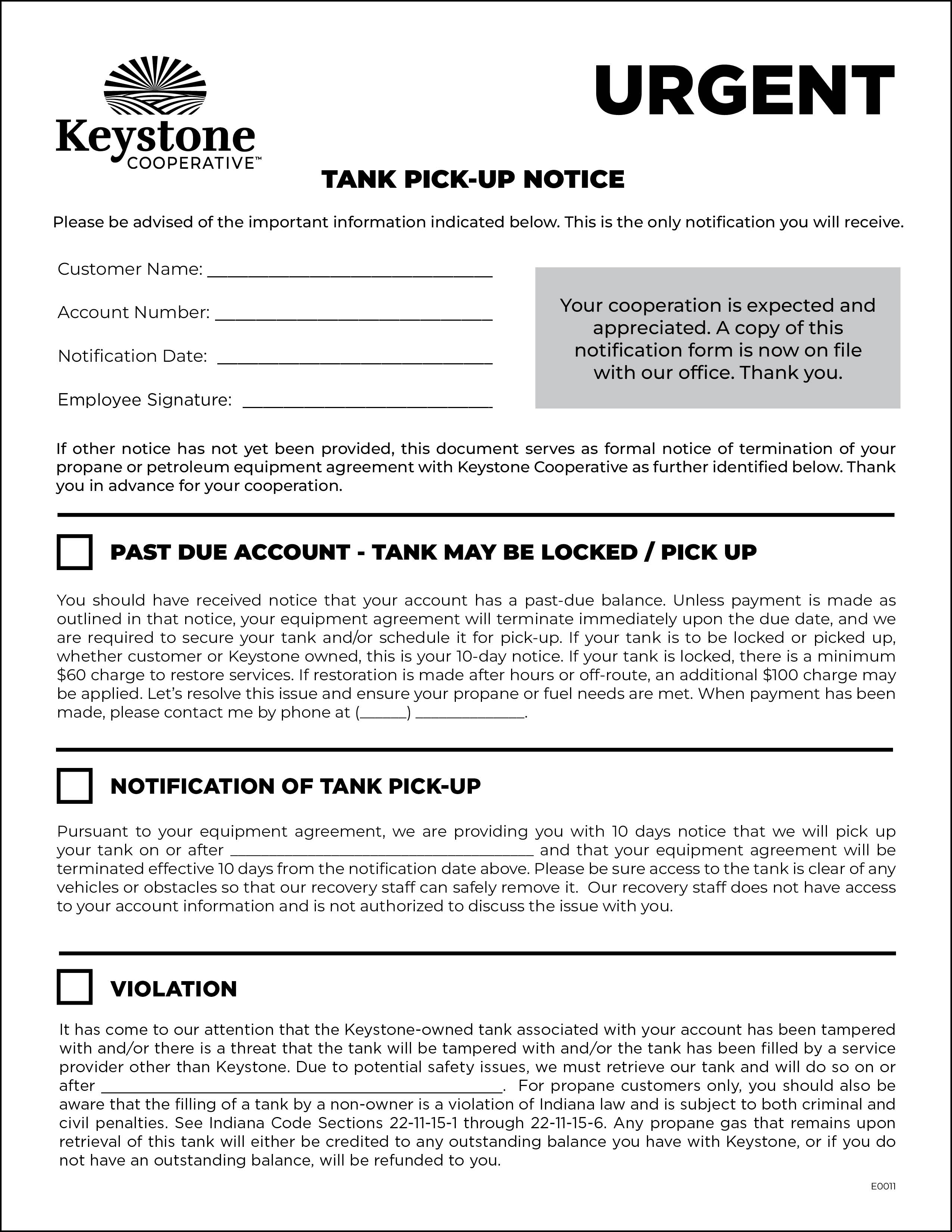 E0011 Tank Pick-Up Notice