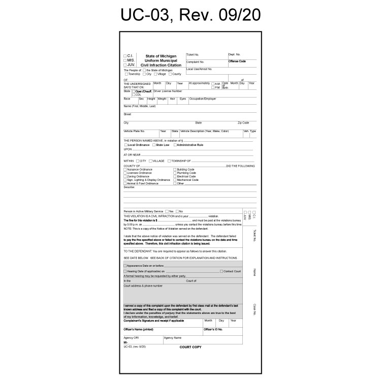 Civil Infraction Citation UC-03 (10/21)