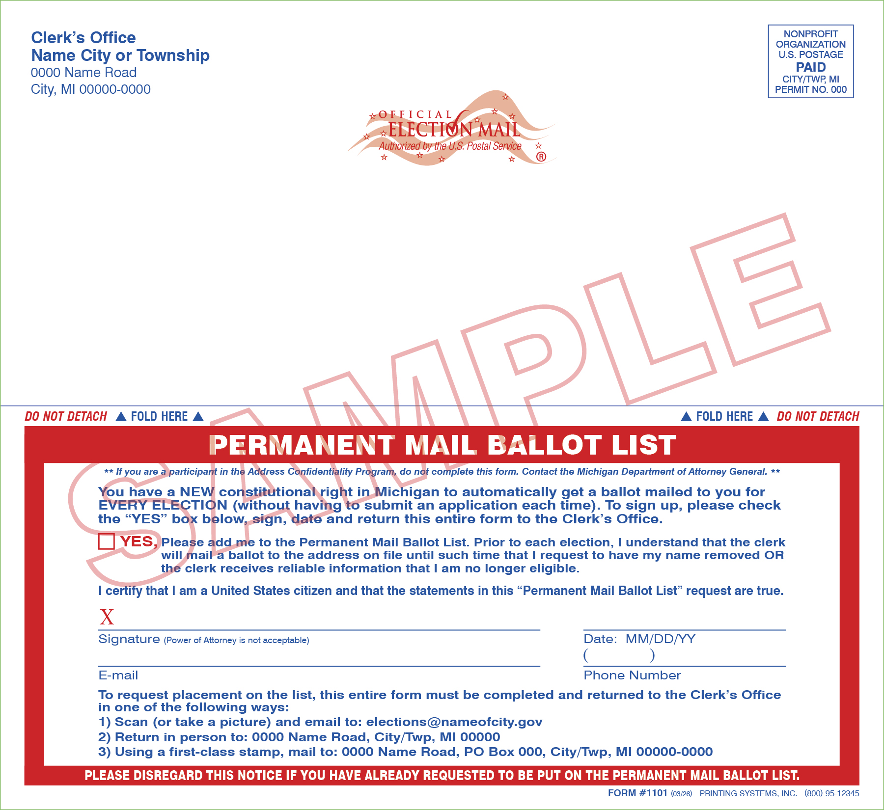 1101 - Permanent Ballot List Request Form (9 x 8 1/4)