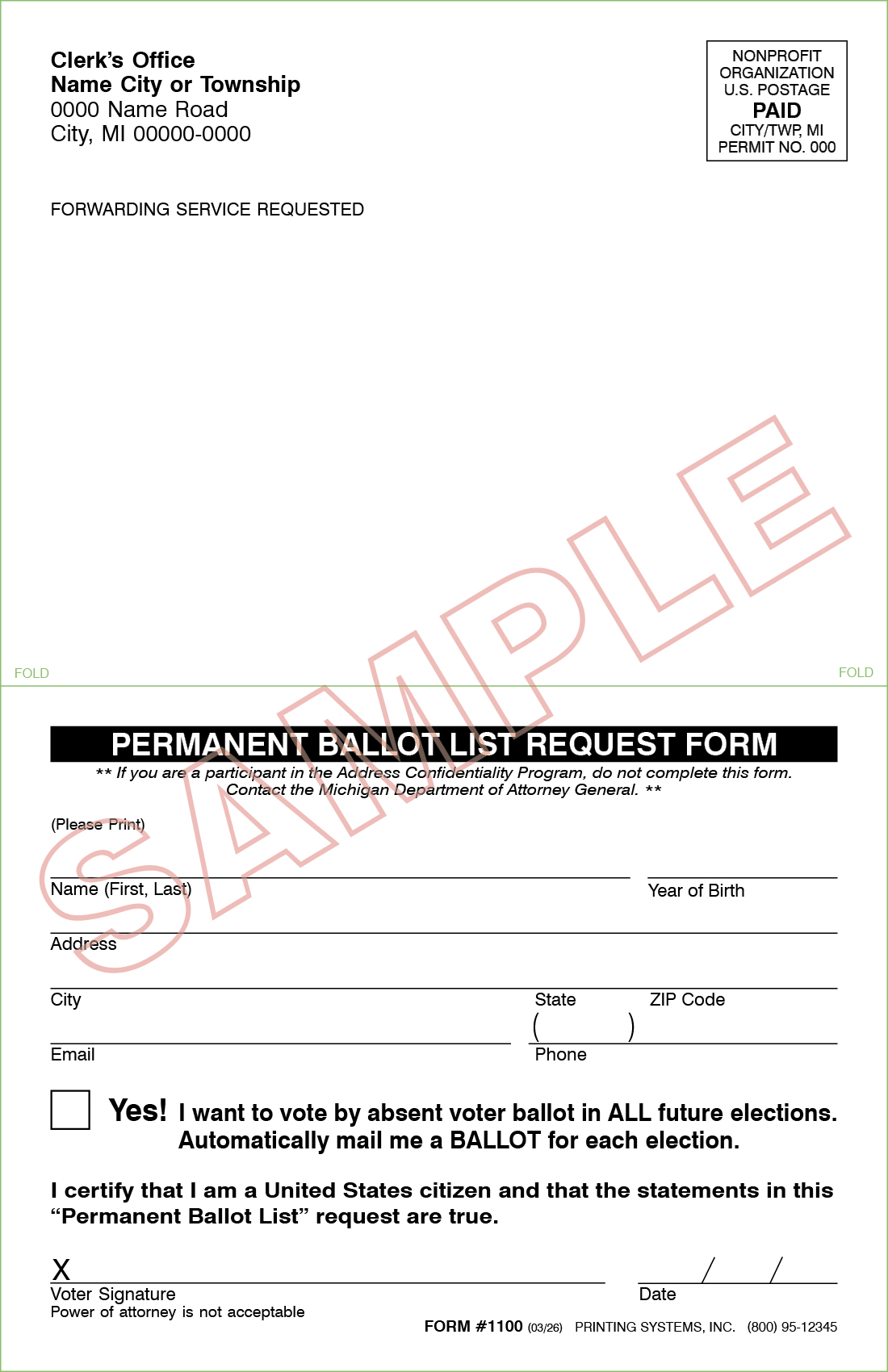 1100 - Permanent Ballot List Request Form - 5 1/2 x 8 1/2