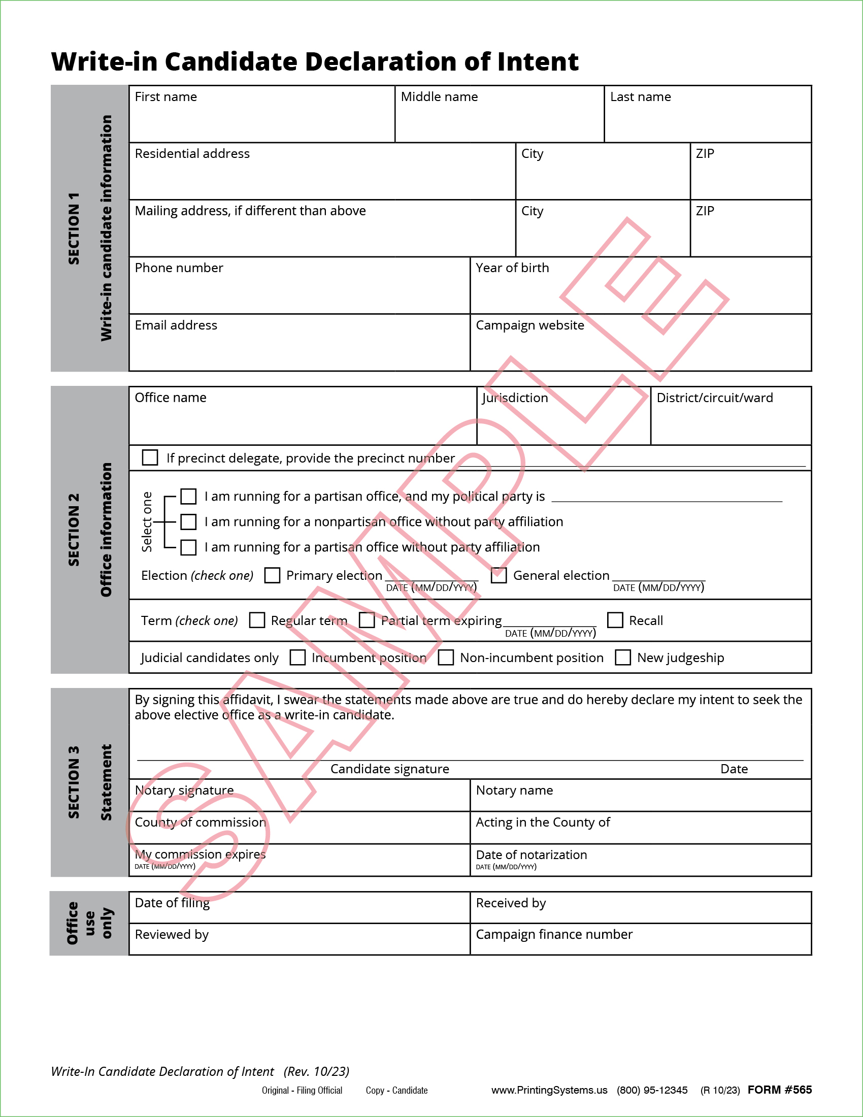 565 Write-In Candidate Declaration of Intent (3-ply) (25 per pkg.) Rev. 10/2023