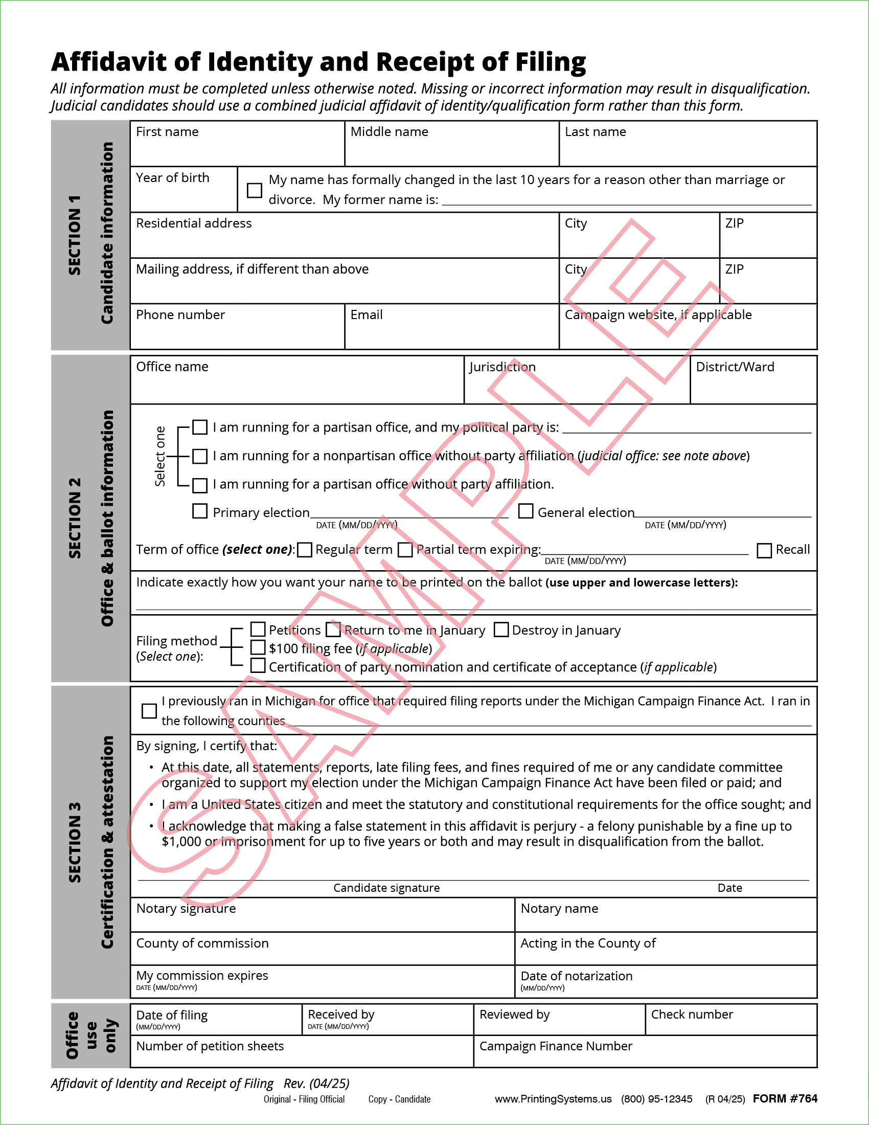 764 Affidavit of identity/Receipt of Filing (3-Ply) (25 per pkg.) Rev. 04/2025