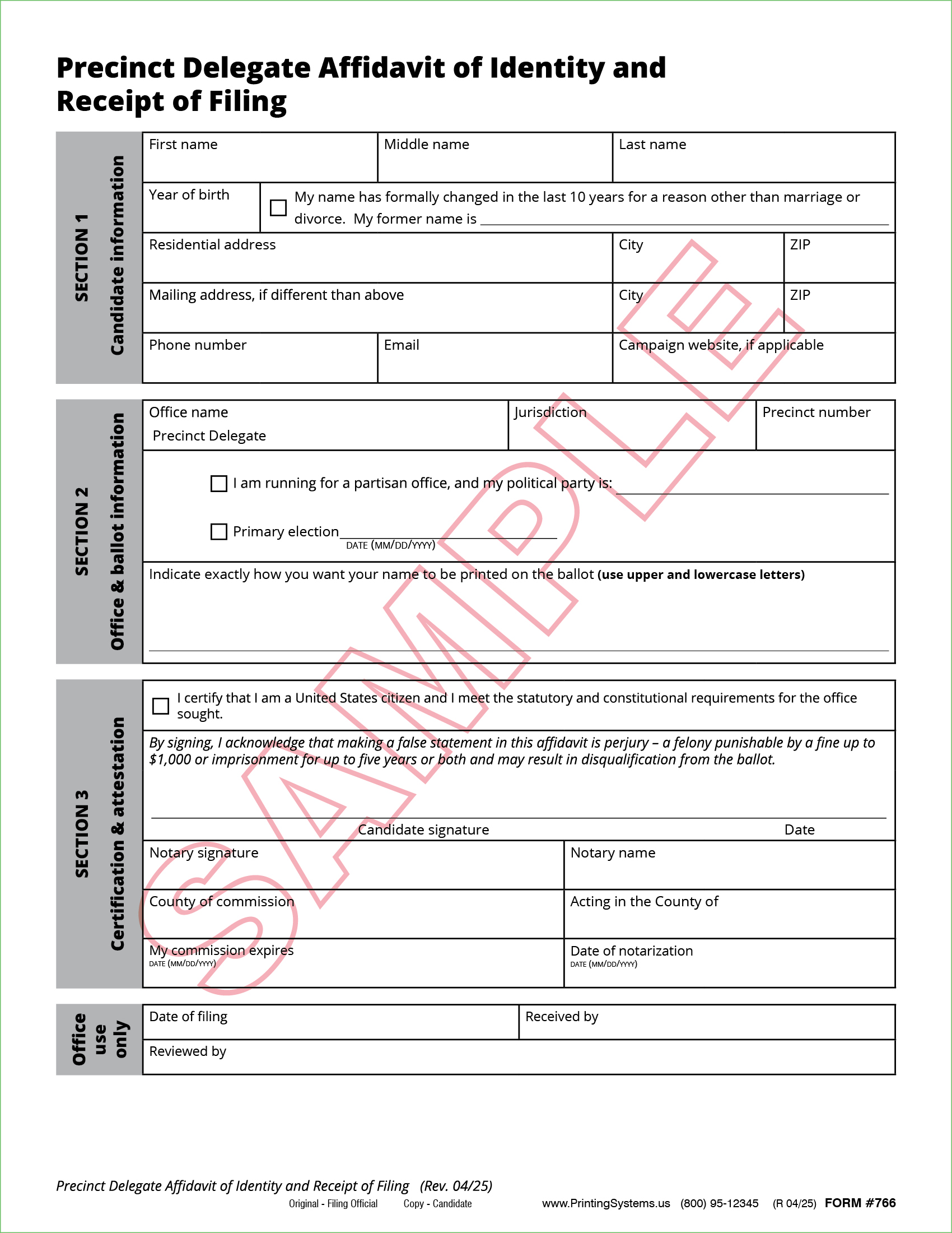 766 Precinct Delegate Affidavit (3-Ply) (25 per pkg) Rev. 04/2025