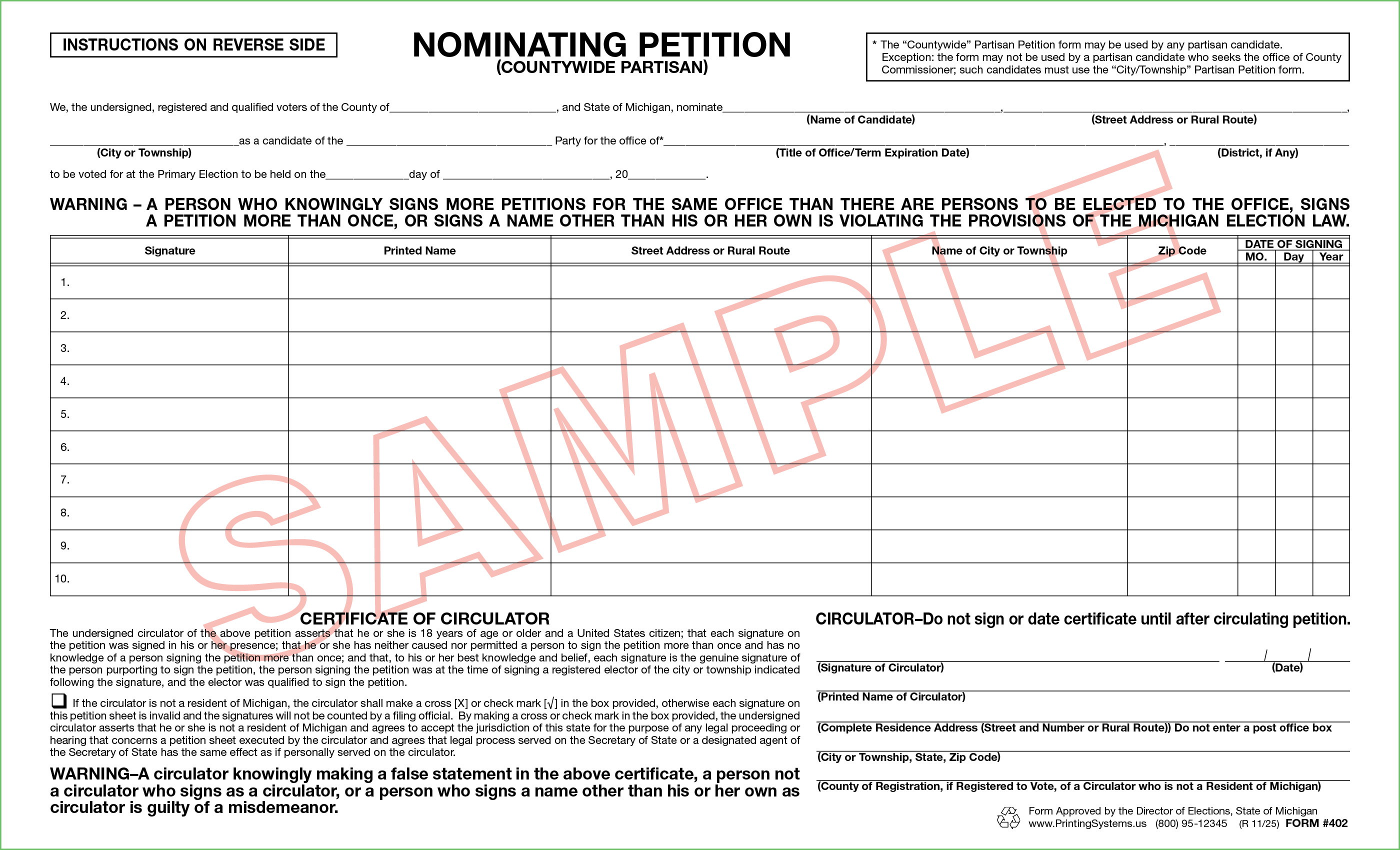 402 Nominating Petition (Countywide) Partisan (50 per pad) Rev. 11/25