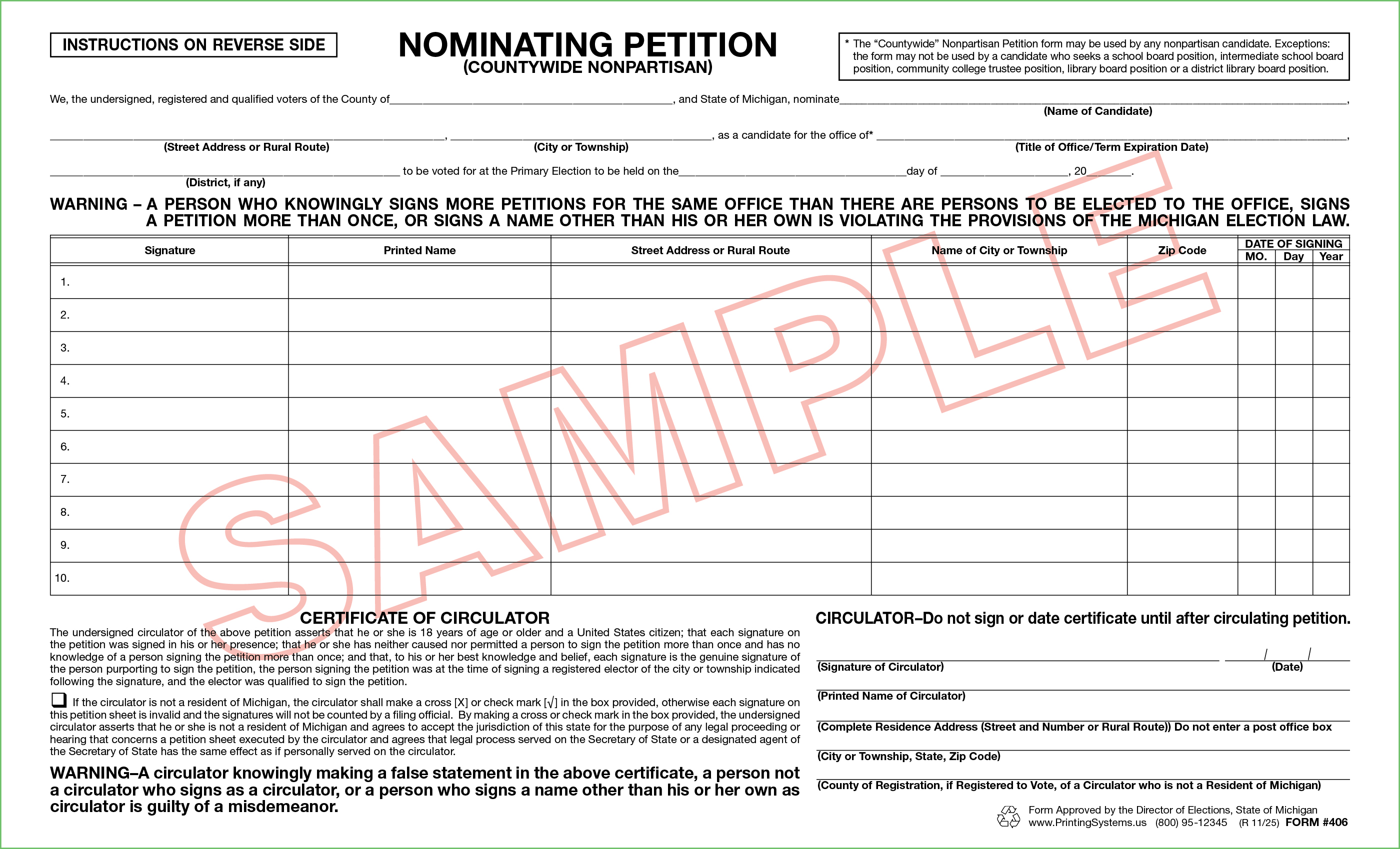 406 Nominating Petition (Countywide) Nonpartisan (50 per pad) Rev. 11/25