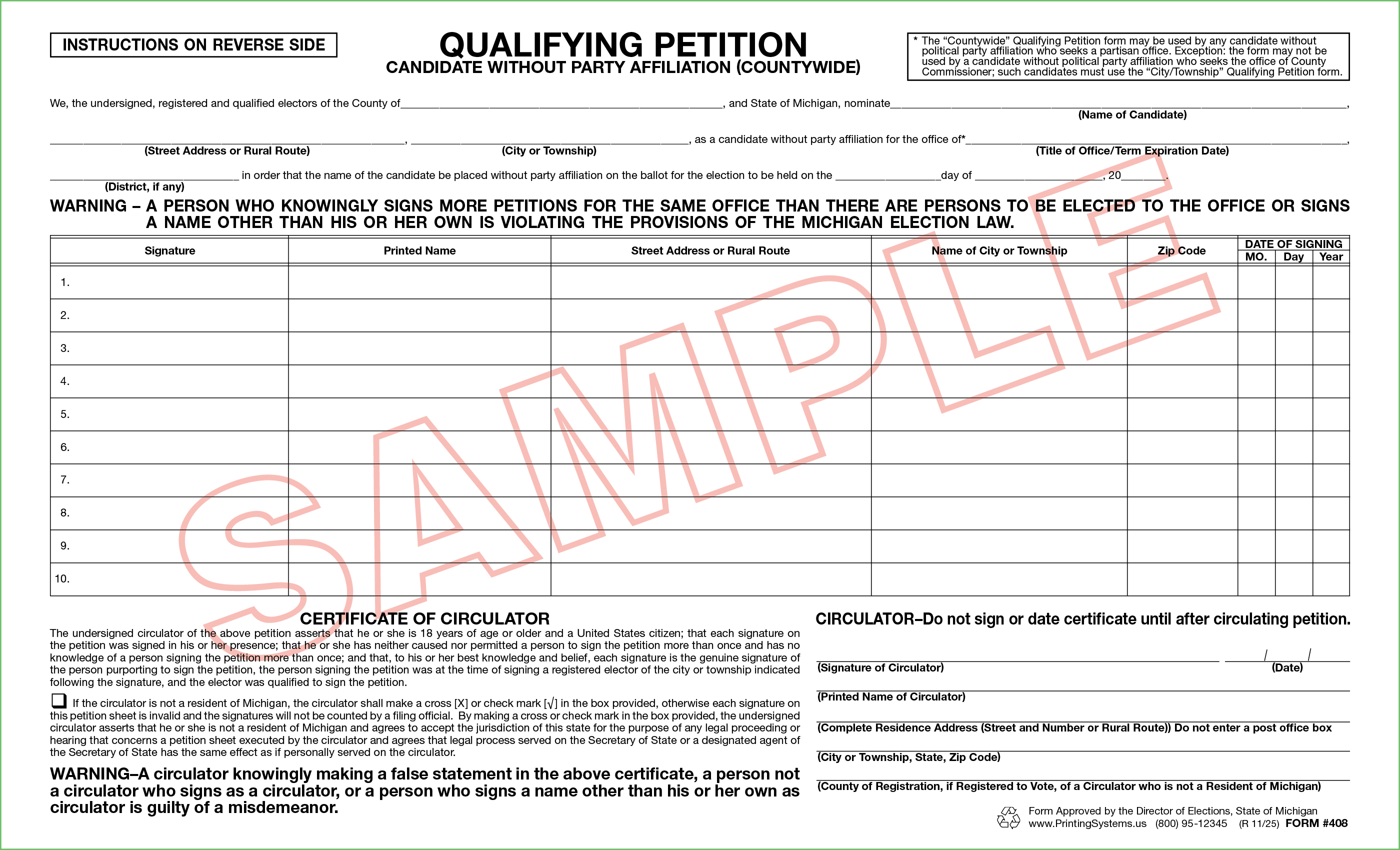 408 Qualifying Petition (Countywide) candidate w/o Party Affiliation (50 per pad) Rev. 11/25
