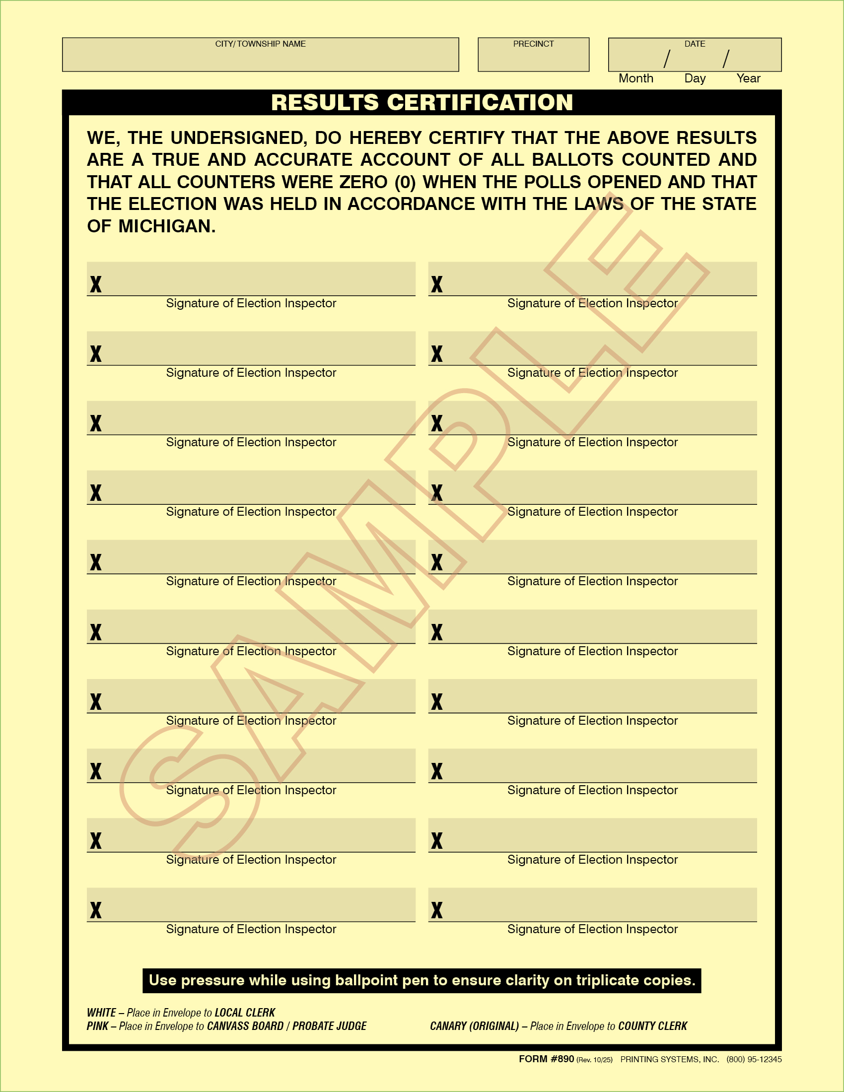 890 - Results Certification (3-Ply Custom) (25 per pkg.) Rev. 10/2025