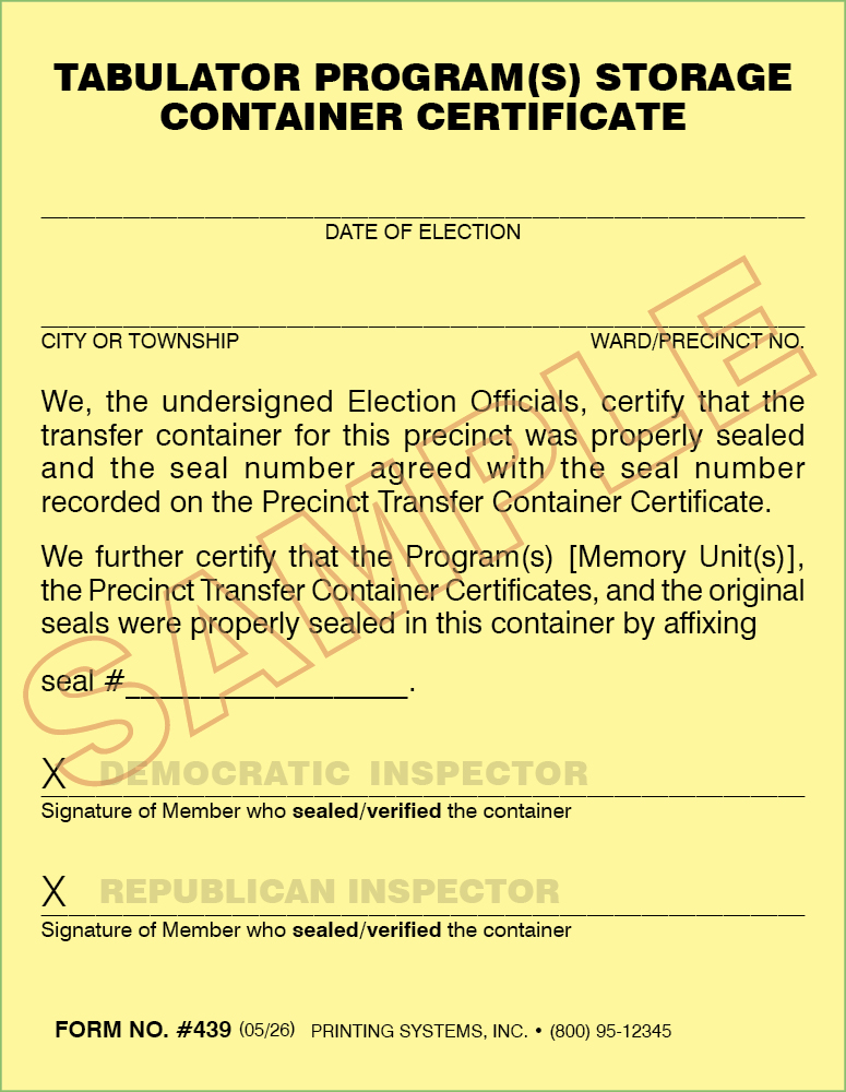 439 Tabulator Program Storage Container Certificate
