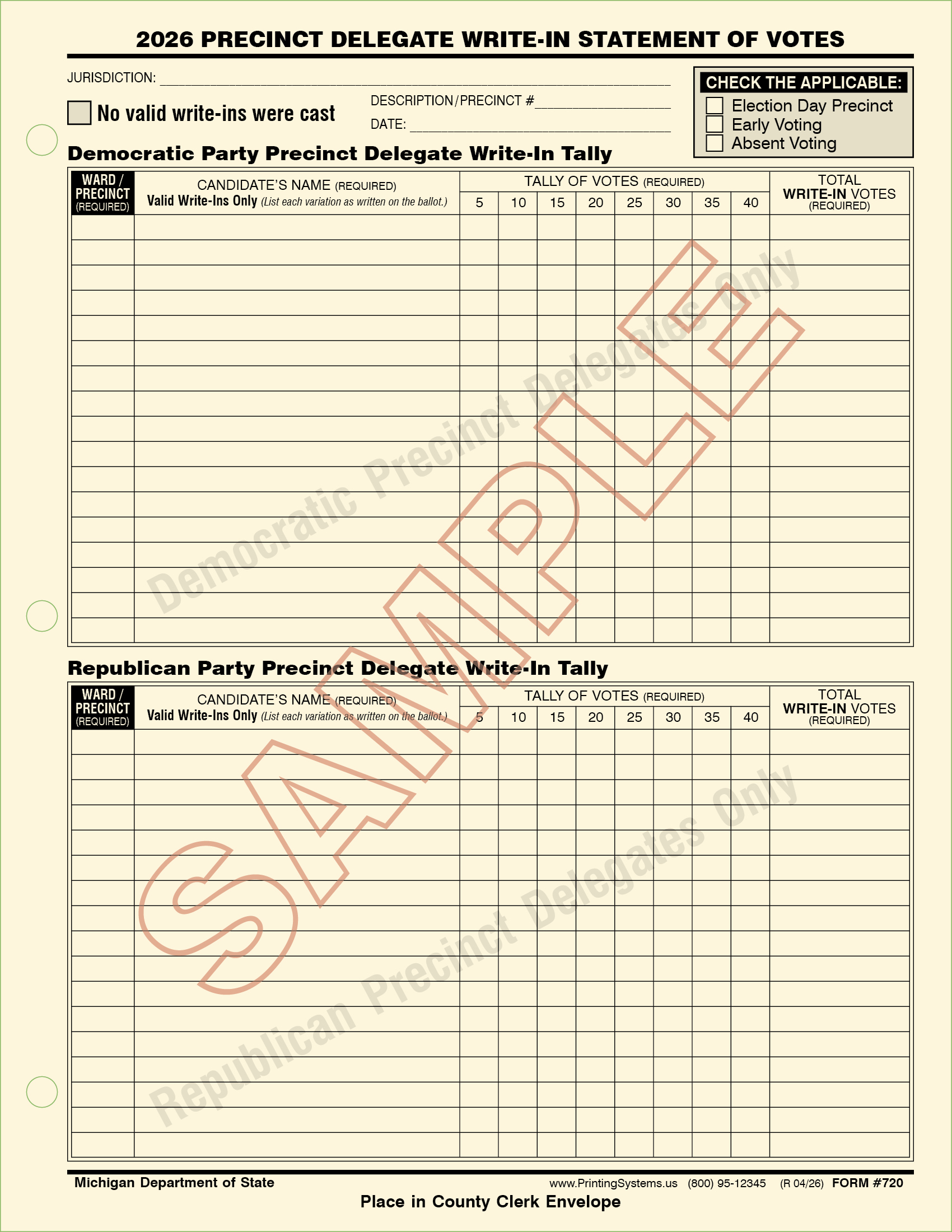 720 Precinct Delegate Write-In Statement of Votes Sheet