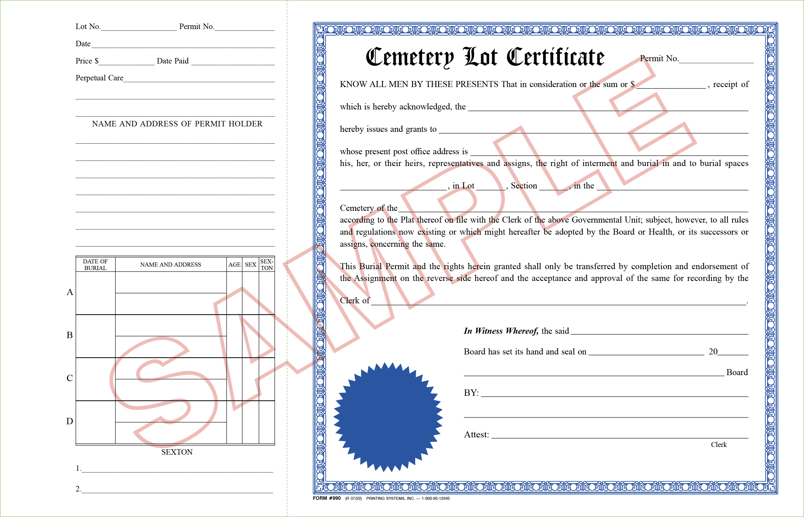 990 Cemetery Lot Certificate Books (50 per Book) Stock Item
