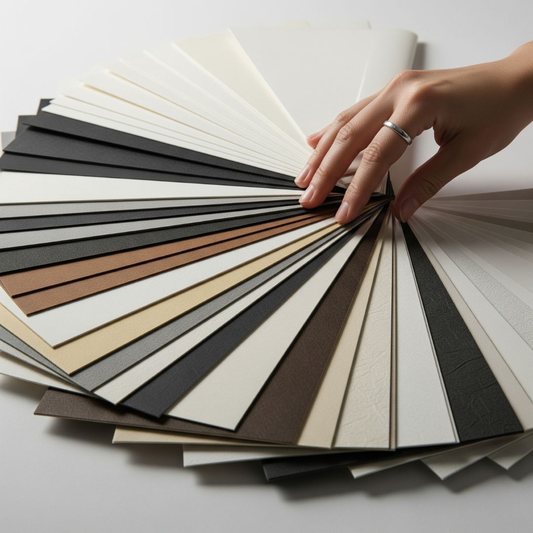 A hand gently touching a fanned-out collection of paper samples with different textures.