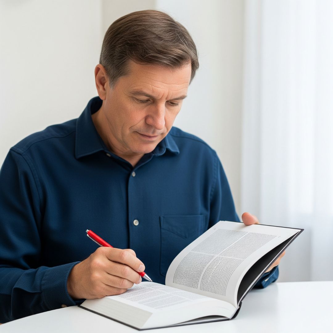 A person holding a proof copy of a book and a red pen, carefully proofreading the pages.